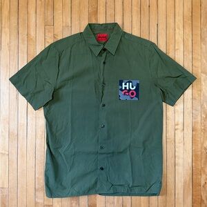 HUGO Boss Button Shirt Short Sleeve Straight Fit Sport Olive Green Men's Sz. M